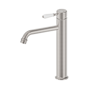 Nero York Straight Tall Basin Mixer With White Porcelain Lever, Brushed Nickel
