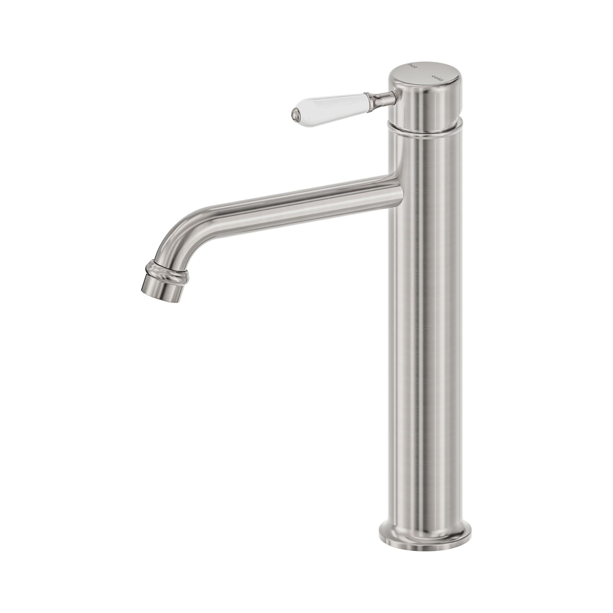 Nero York Straight Tall Basin Mixer With White Porcelain Lever, Brushed Nickel