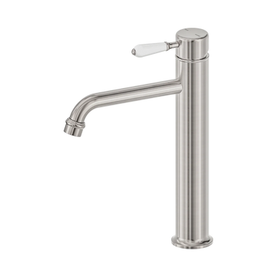 Nero York Straight Tall Basin Mixer With White Porcelain Lever, Brushed Nickel