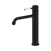 Nero York Straight Tall Basin Mixer With White Porcelain Lever, Matte Black