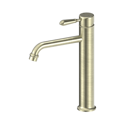 Nero York Straight Tall Basin Mixer With Metal Lever, Aged Brass