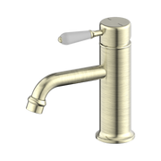 Nero York Straight Basin Mixer With White Porcelain Lever Aged Brass