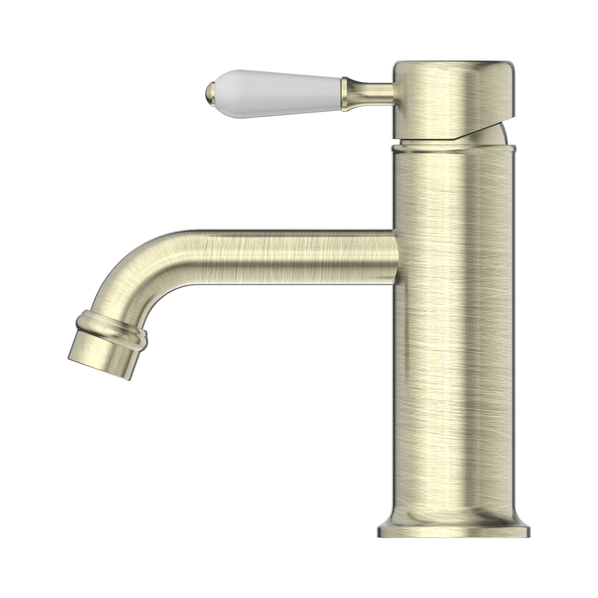 Nero York Straight Basin Mixer With White Porcelain Lever Aged Brass