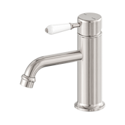 Nero York Straight Basin Mixer With White Porcelain Lever, Brushed Nickel