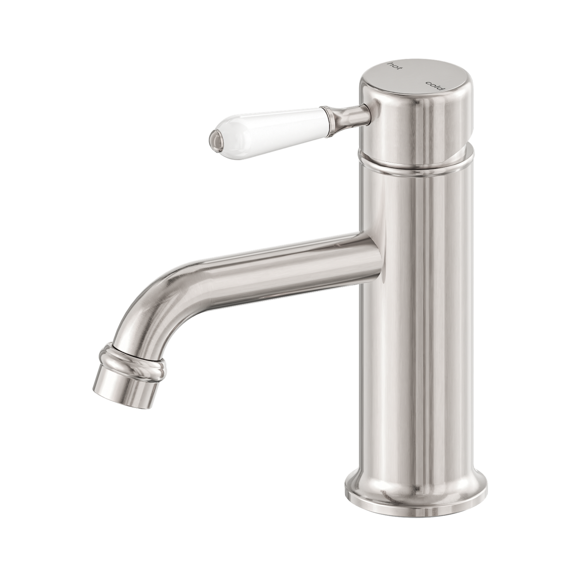 Nero York Straight Basin Mixer With White Porcelain Lever, Brushed Nickel