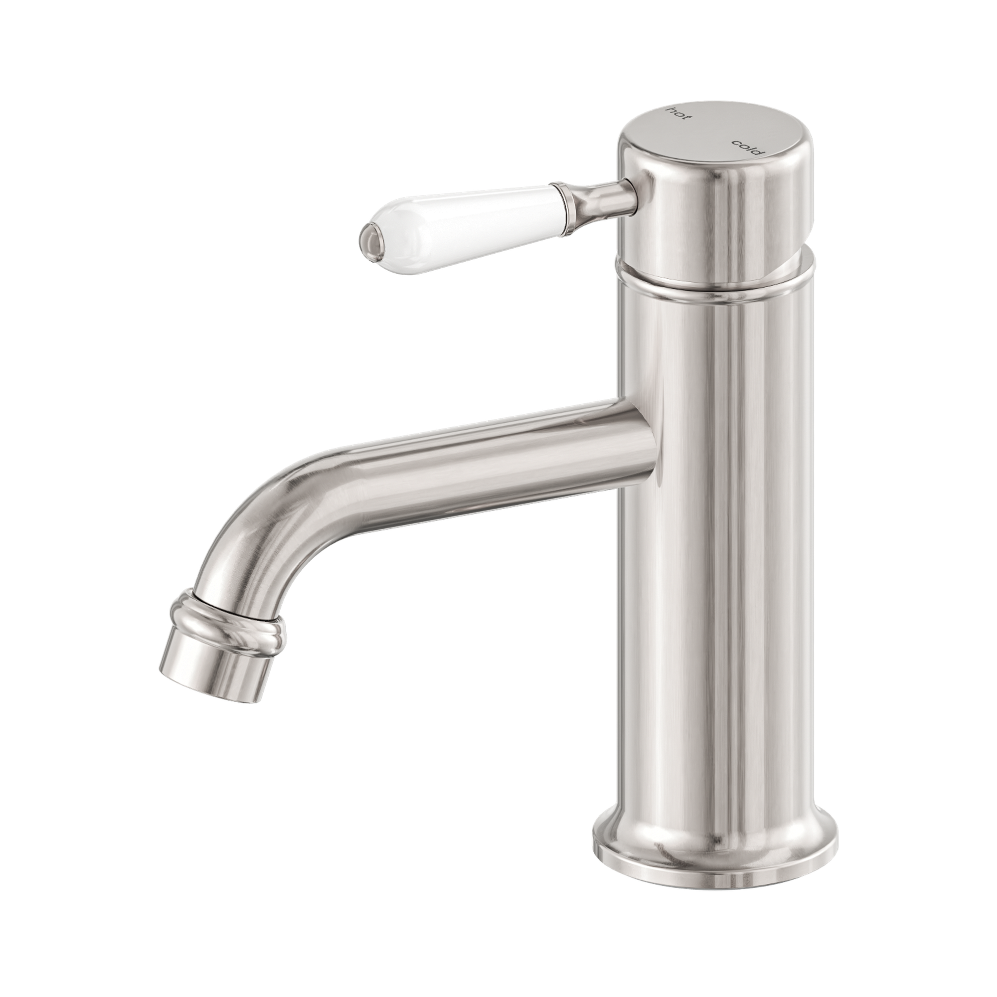 Nero York Straight Basin Mixer With White Porcelain Lever, Brushed Nickel