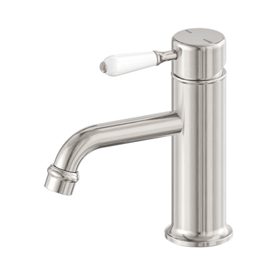 Nero York Straight Basin Mixer With White Porcelain Lever, Brushed Nickel