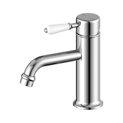 Nero York Straight Basin Mixer With White Porcelain Lever, Chrome