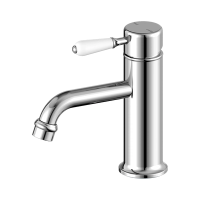 Nero York Straight Basin Mixer With White Porcelain Lever, Chrome