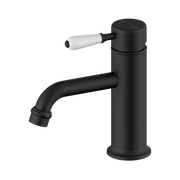 Nero York Straight Basin Mixer With White Porcelain Lever, Matte Black