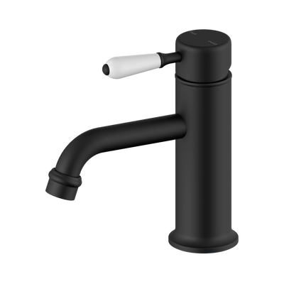 Nero York Straight Basin Mixer With White Porcelain Lever, Matte Black