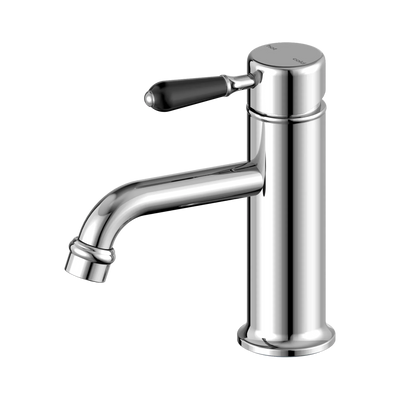 Nero York Straight Basin Mixer With Black Porcelain Lever, Chrome