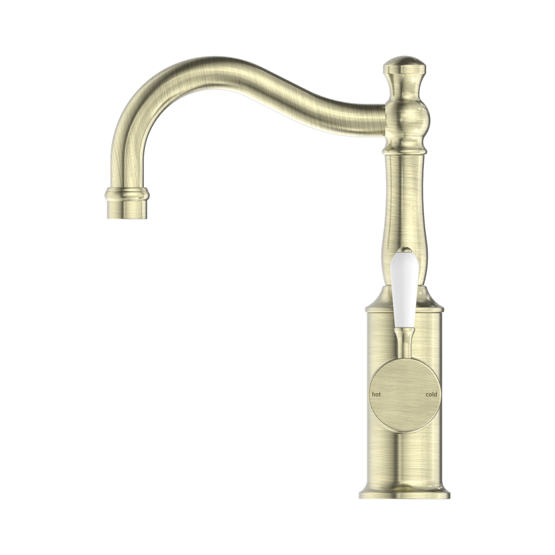 Nero York Basin Mixer Hook Spout With White Porcelain Lever Aged Brass