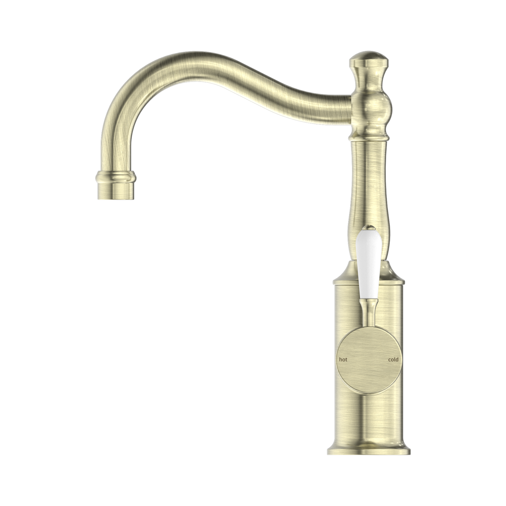 Nero York Basin Mixer Hook Spout With White Porcelain Lever Aged Brass