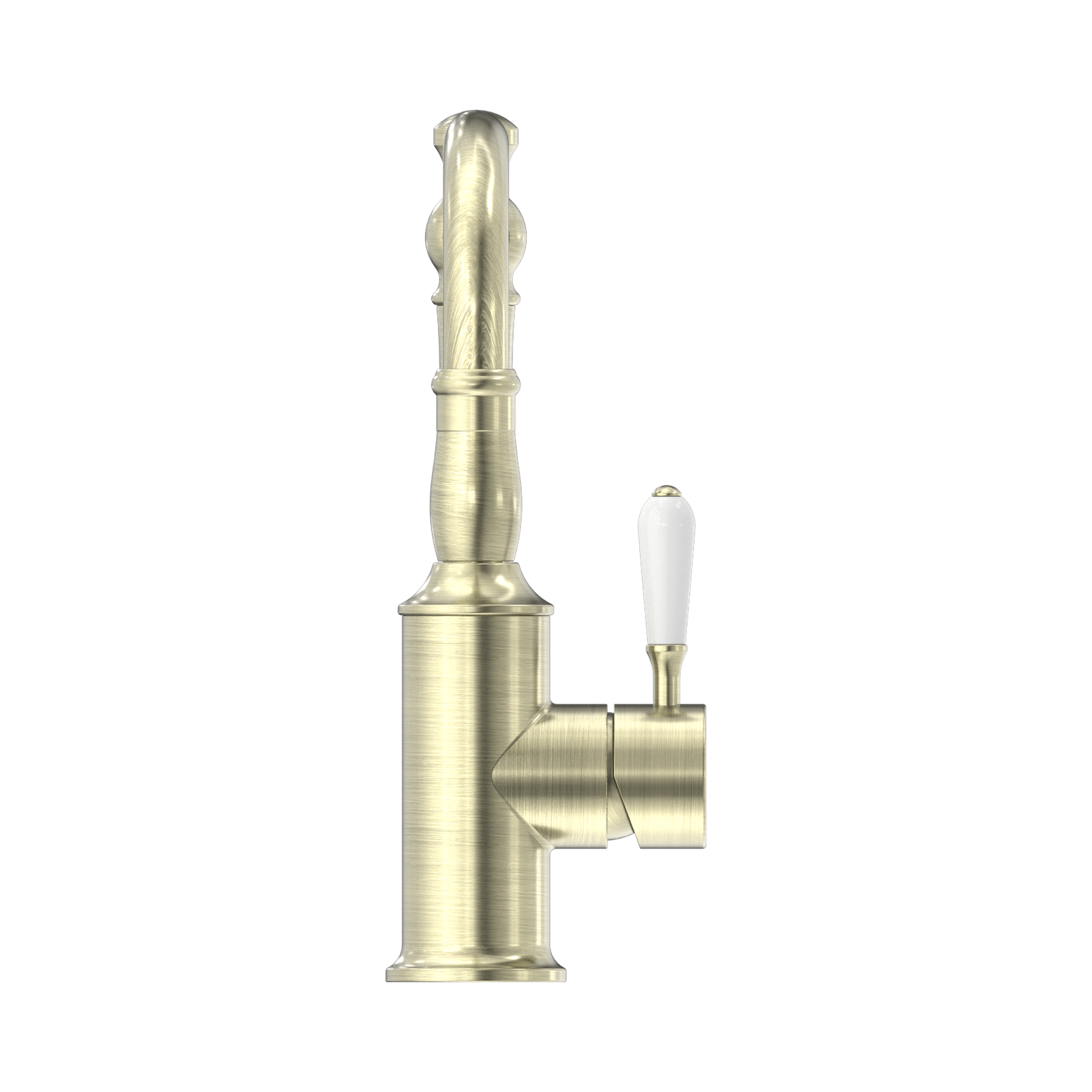 Nero York Basin Mixer Hook Spout With White Porcelain Lever Aged Brass