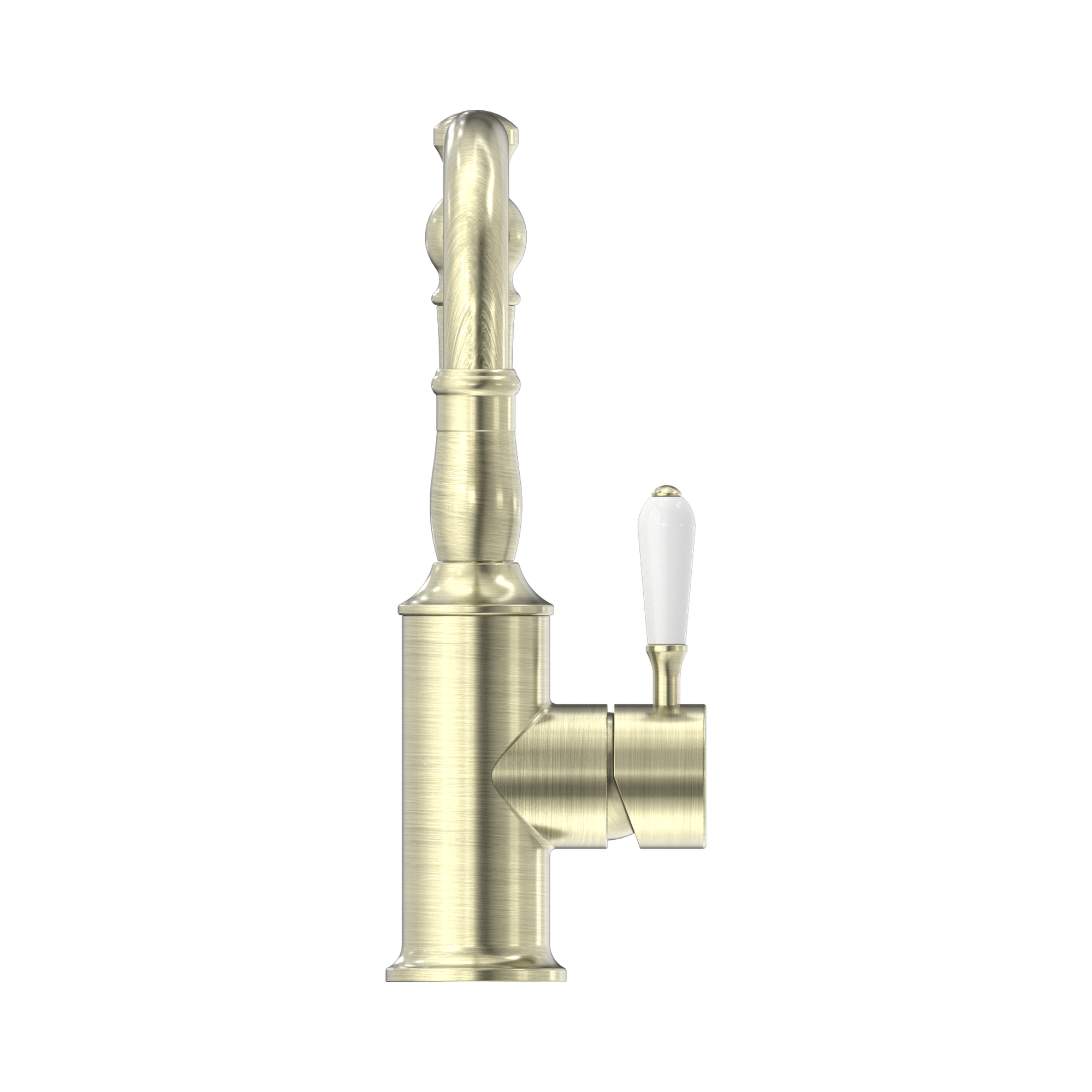 Nero York Basin Mixer Hook Spout With White Porcelain Lever Aged Brass