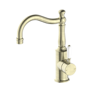 Nero York Basin Mixer Hook Spout With White Porcelain Lever Aged Brass