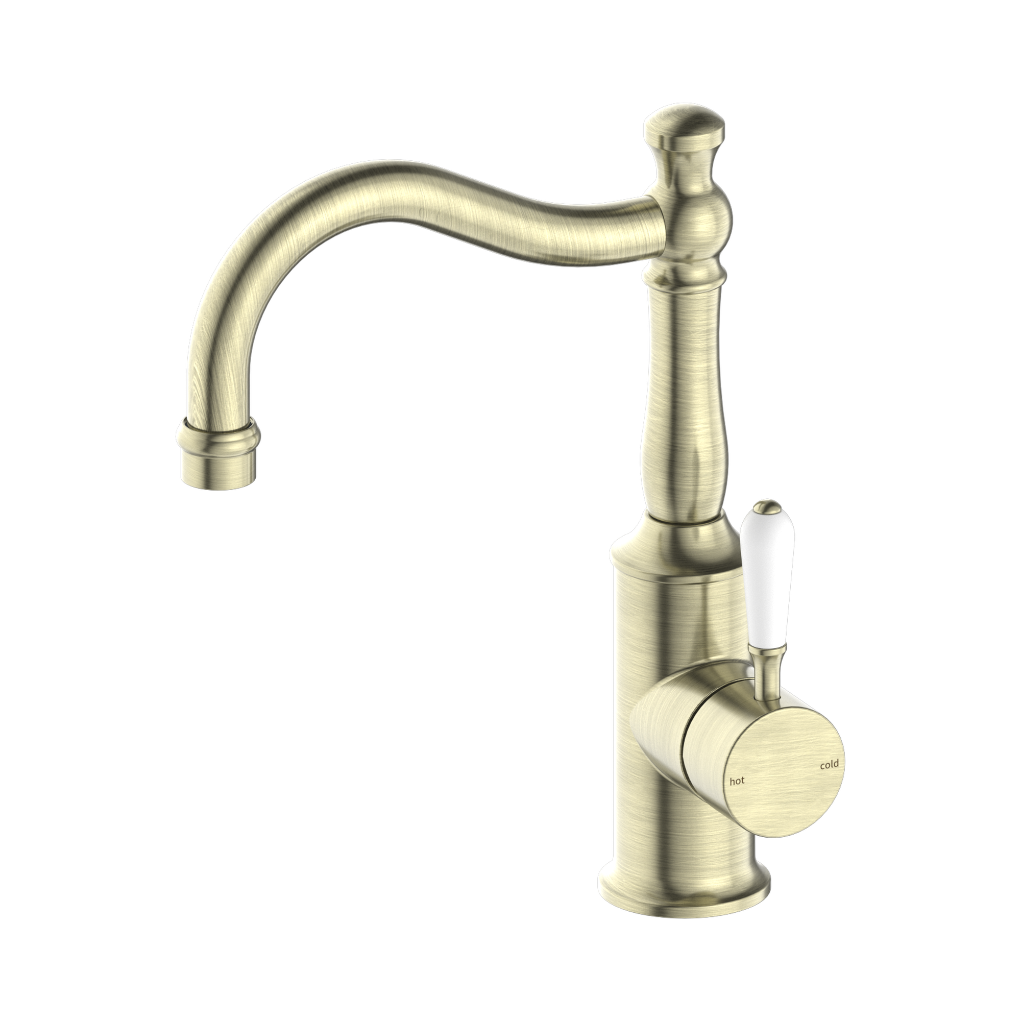 Nero York Basin Mixer Hook Spout With White Porcelain Lever Aged Brass