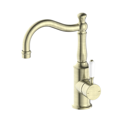 Nero York Basin Mixer Hook Spout With White Porcelain Lever, Aged Brass