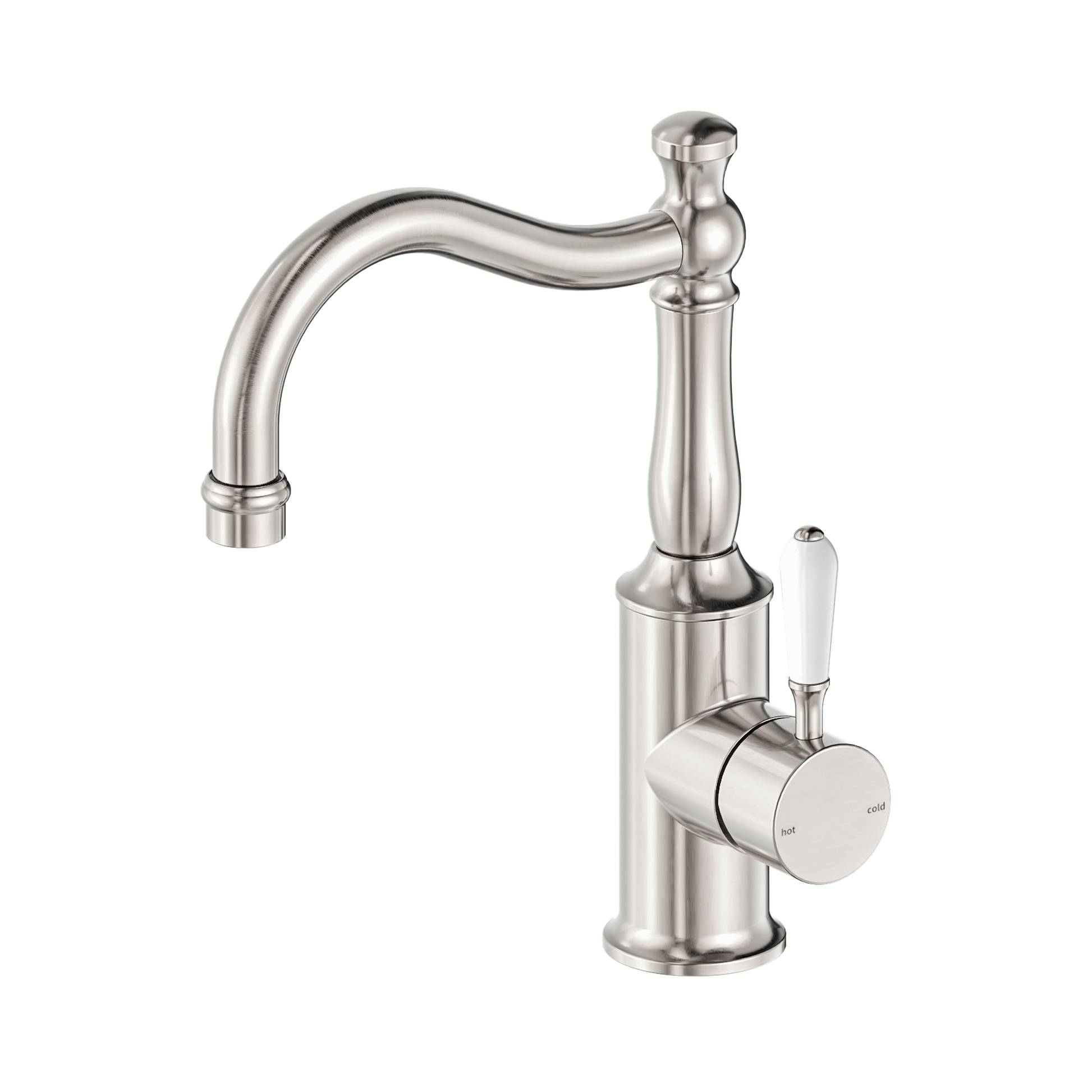 Nero York Basin Mixer Hook Spout With White Porcelain Lever, Brushed Nickel