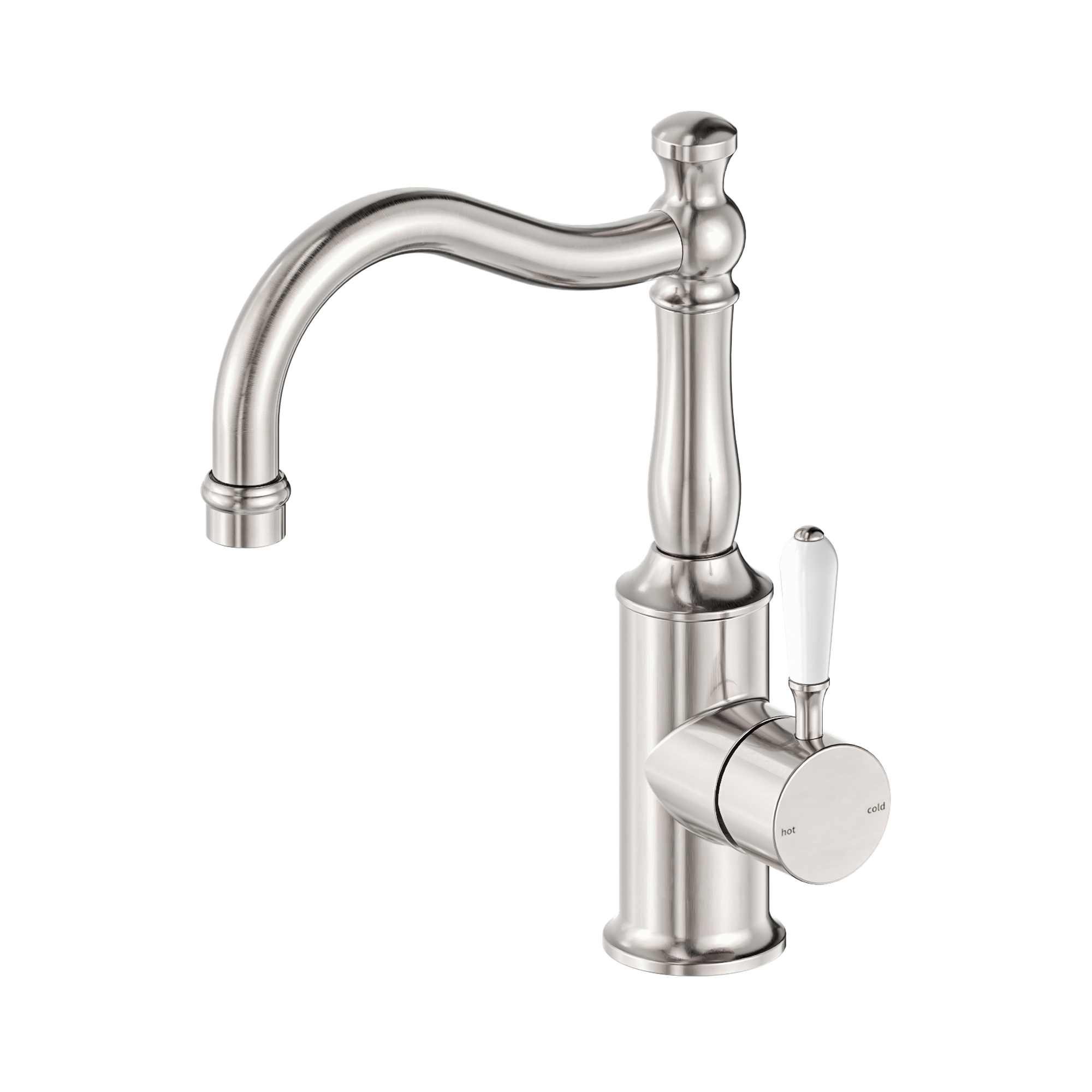 Nero York Basin Mixer Hook Spout With White Porcelain Lever, Brushed Nickel