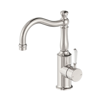 Nero York Basin Mixer Hook Spout With White Porcelain Lever, Brushed Nickel