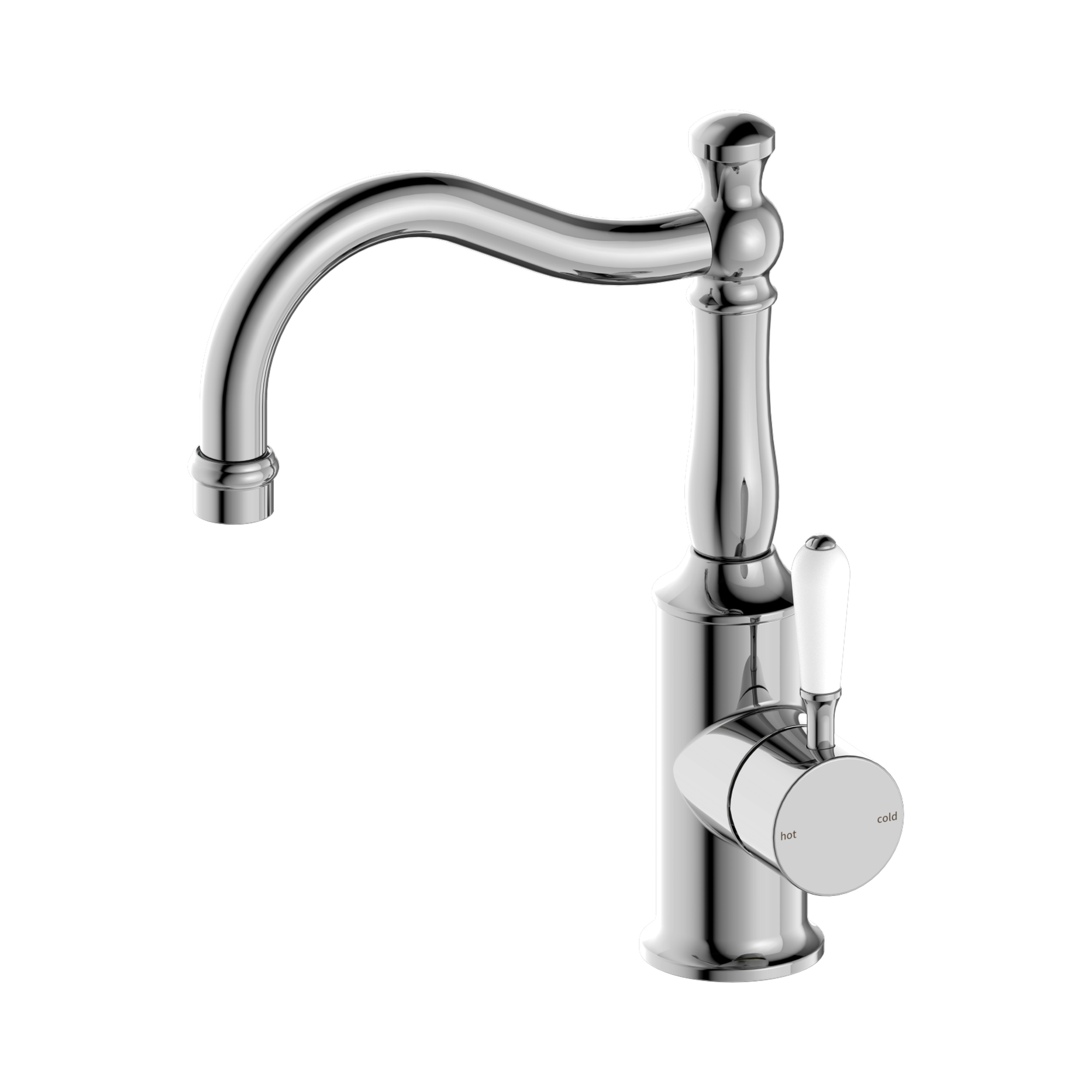 Nero York Basin Mixer Hook Spout With White Porcelain Lever, Chrome