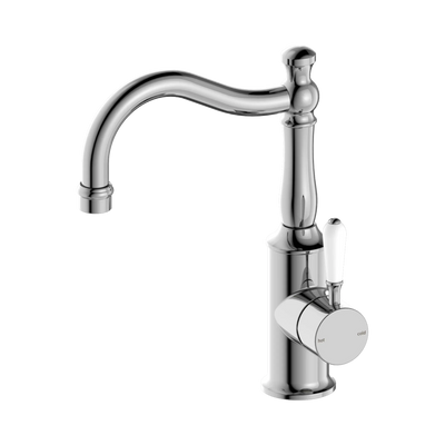 Nero York Basin Mixer Hook Spout With White Porcelain Lever, Chrome