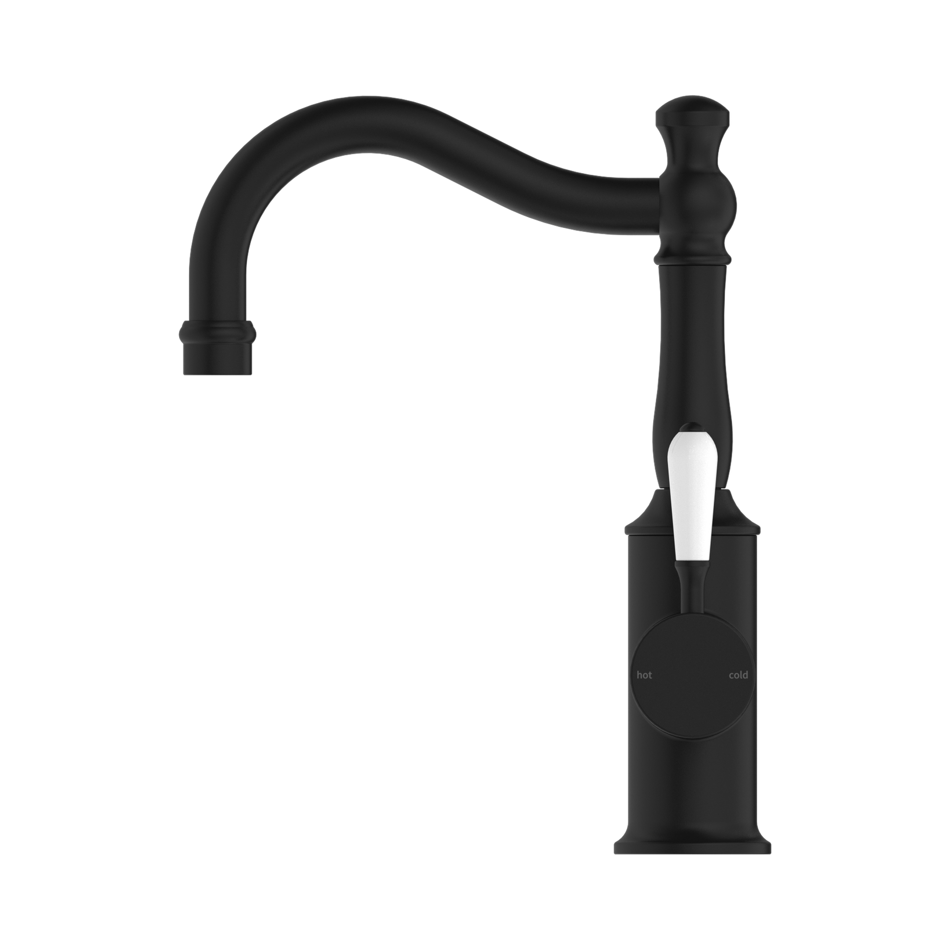 Nero York Basin Mixer Hook Spout With White Porcelain Lever, Matte Black