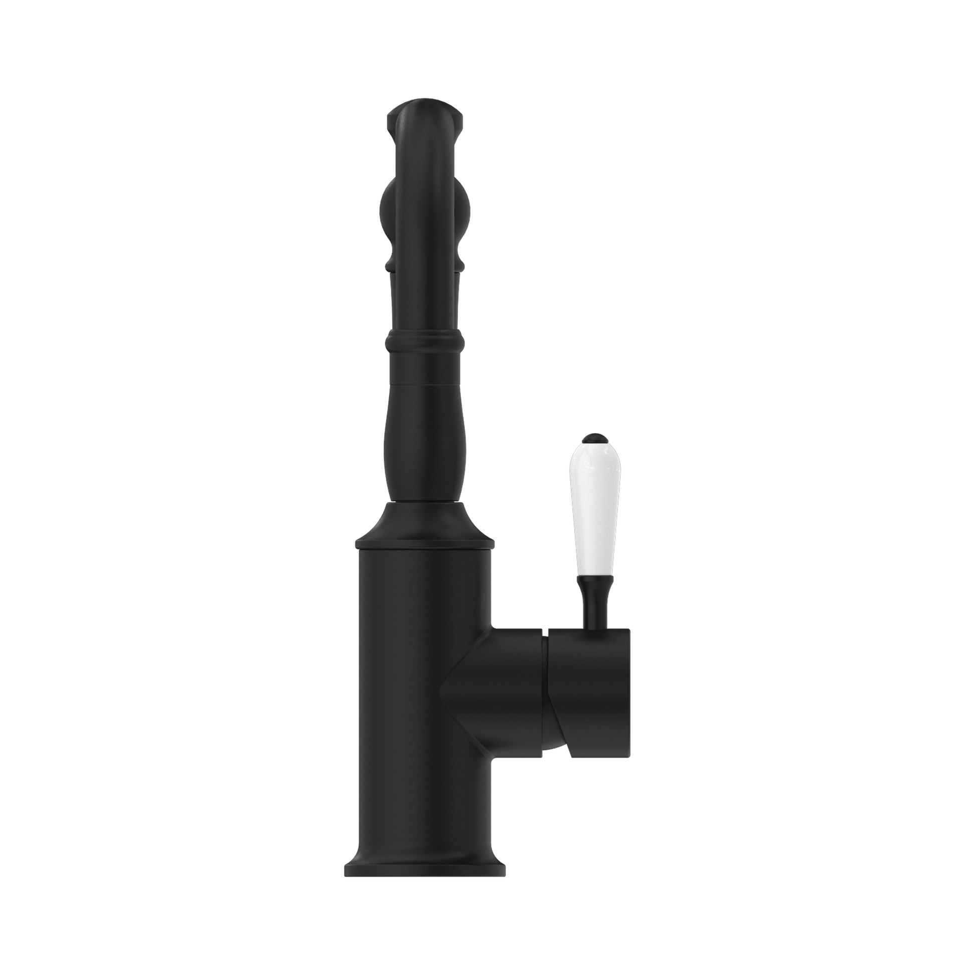 Nero York Basin Mixer Hook Spout With White Porcelain Lever, Matte Black