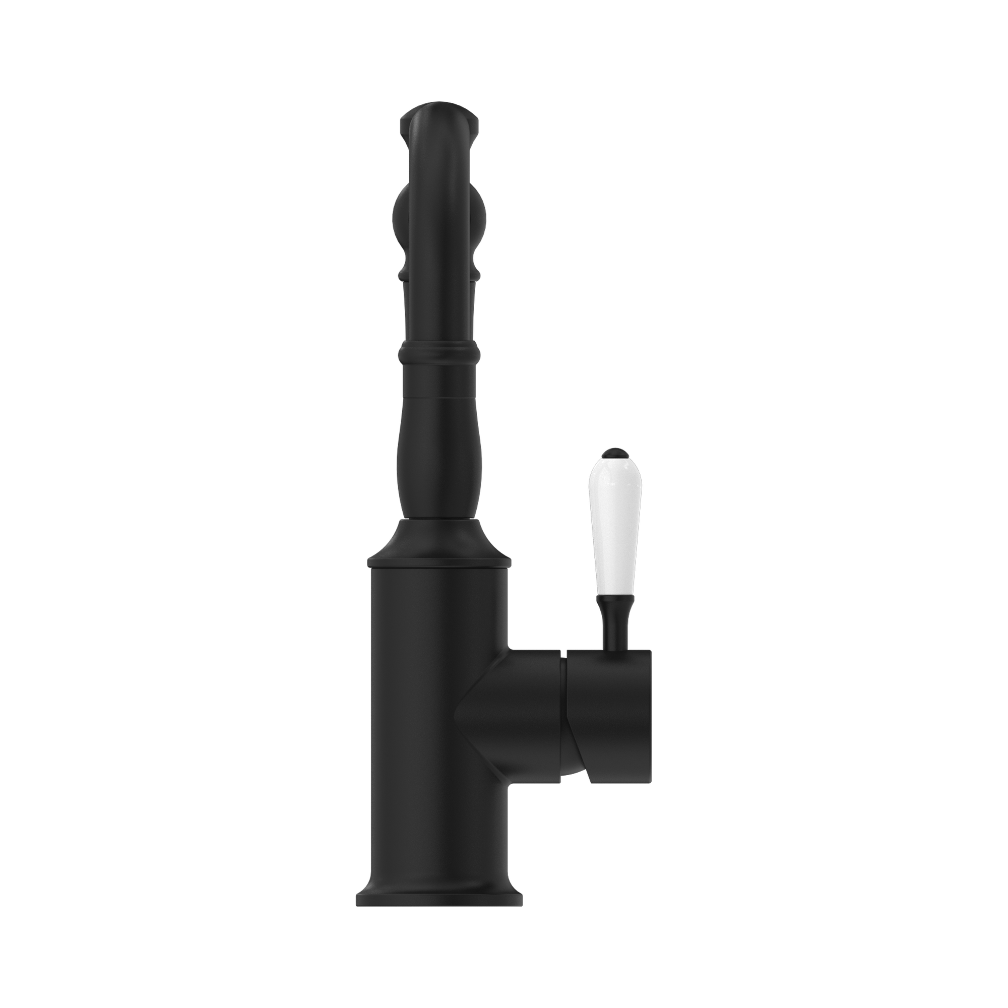 Nero York Basin Mixer Hook Spout With White Porcelain Lever, Matte Black