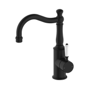 Nero York Basin Mixer Hook Spout With White Porcelain Lever, Matte Black