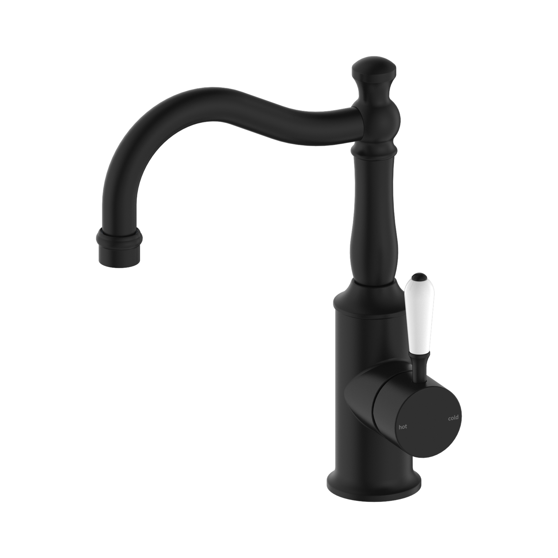 Nero York Basin Mixer Hook Spout With White Porcelain Lever, Matte Black