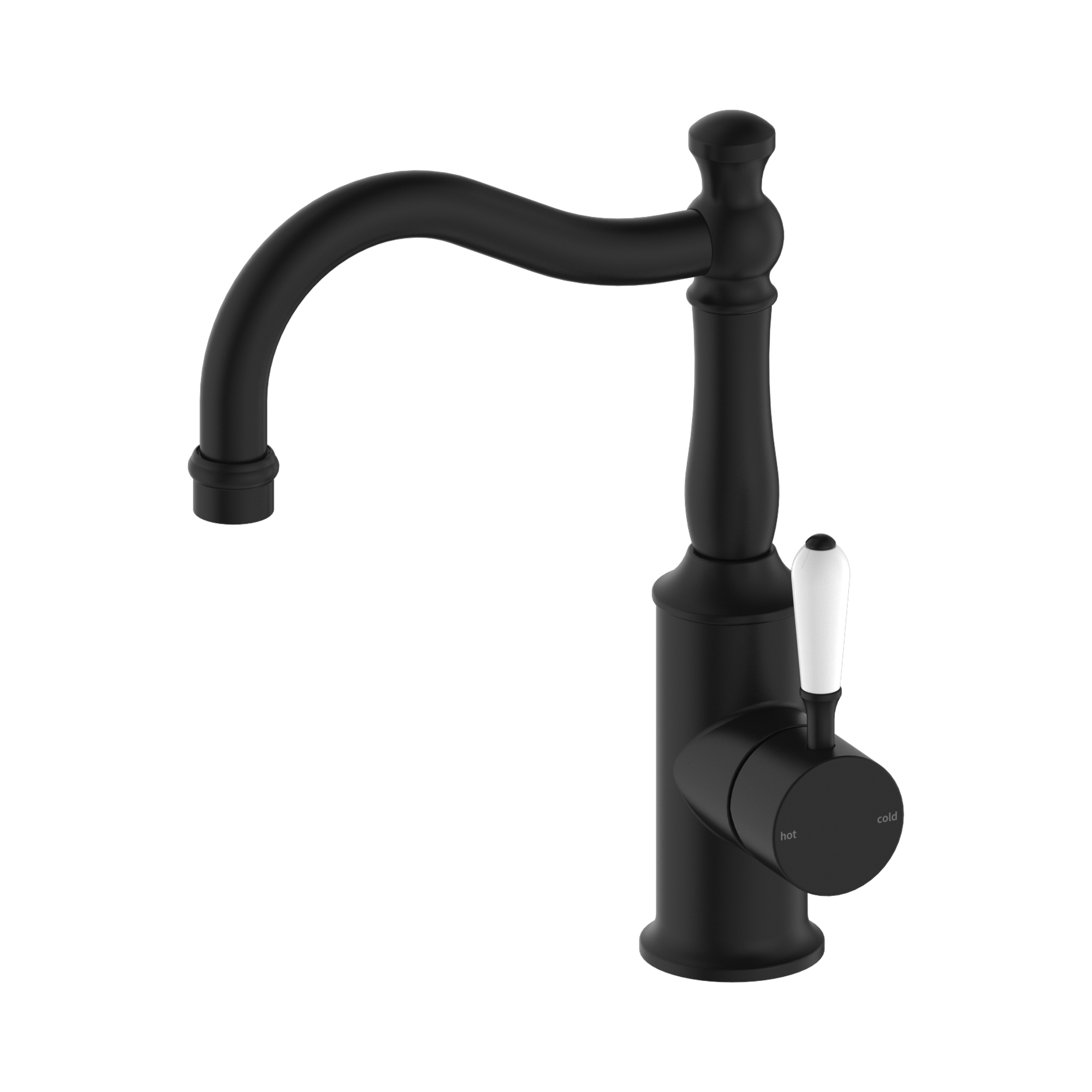 Nero York Basin Mixer Hook Spout With White Porcelain Lever, Matte Black