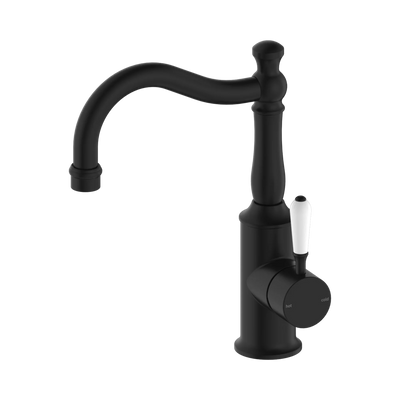 Nero York Basin Mixer Hook Spout With White Porcelain Lever, Matte Black