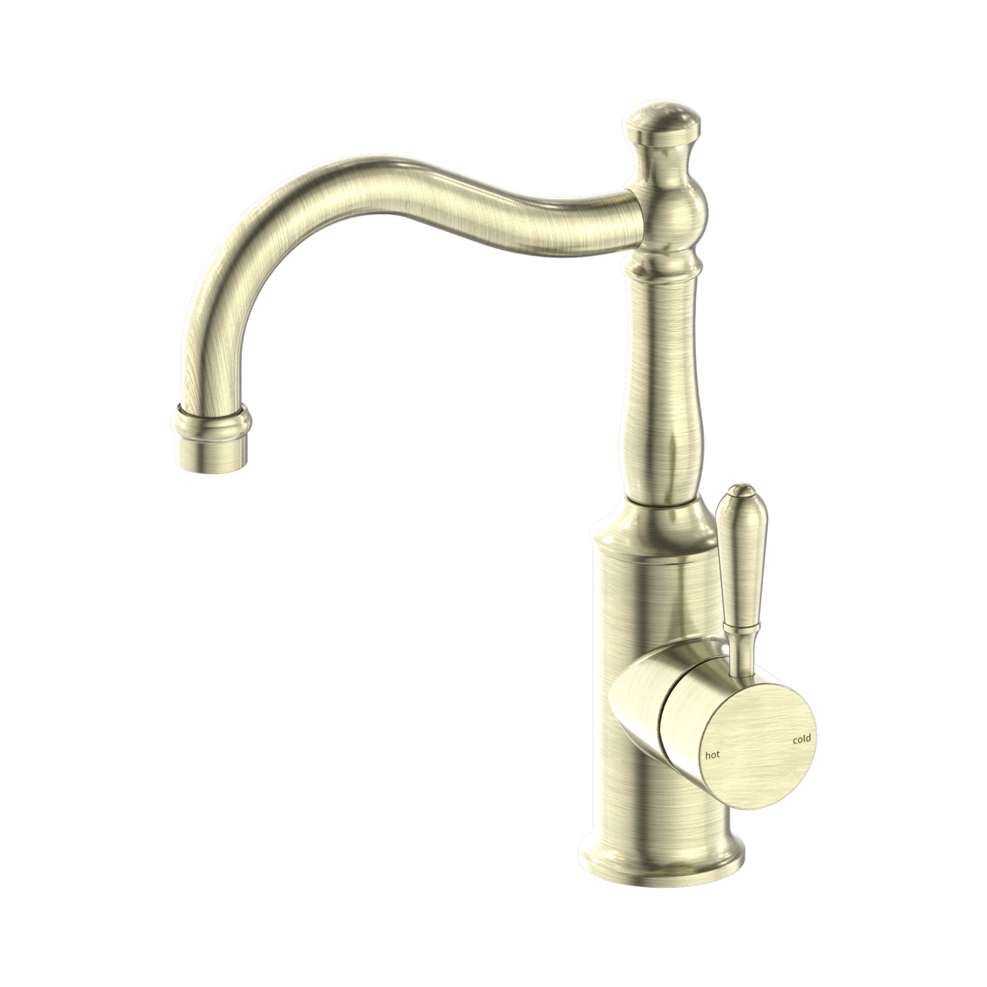 Nero York Basin Mixer Hook Spout With Metal Lever Aged Brass