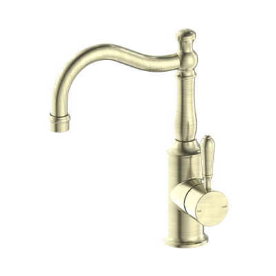 Nero York Basin Mixer Hook Spout With Metal Lever, Aged Brass