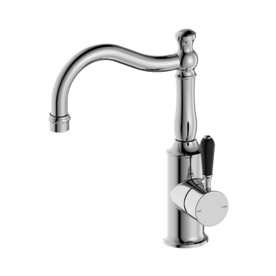 Nero York Basin Mixer Hook Spout With Black Porcelain Lever, Chrome