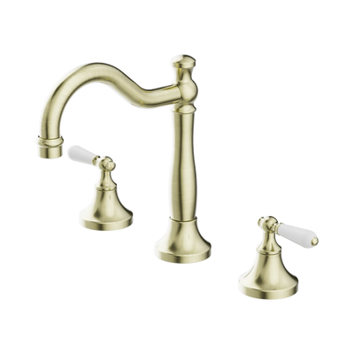 Nero York Basin Set With White Porcelain Lever, Aged Brass