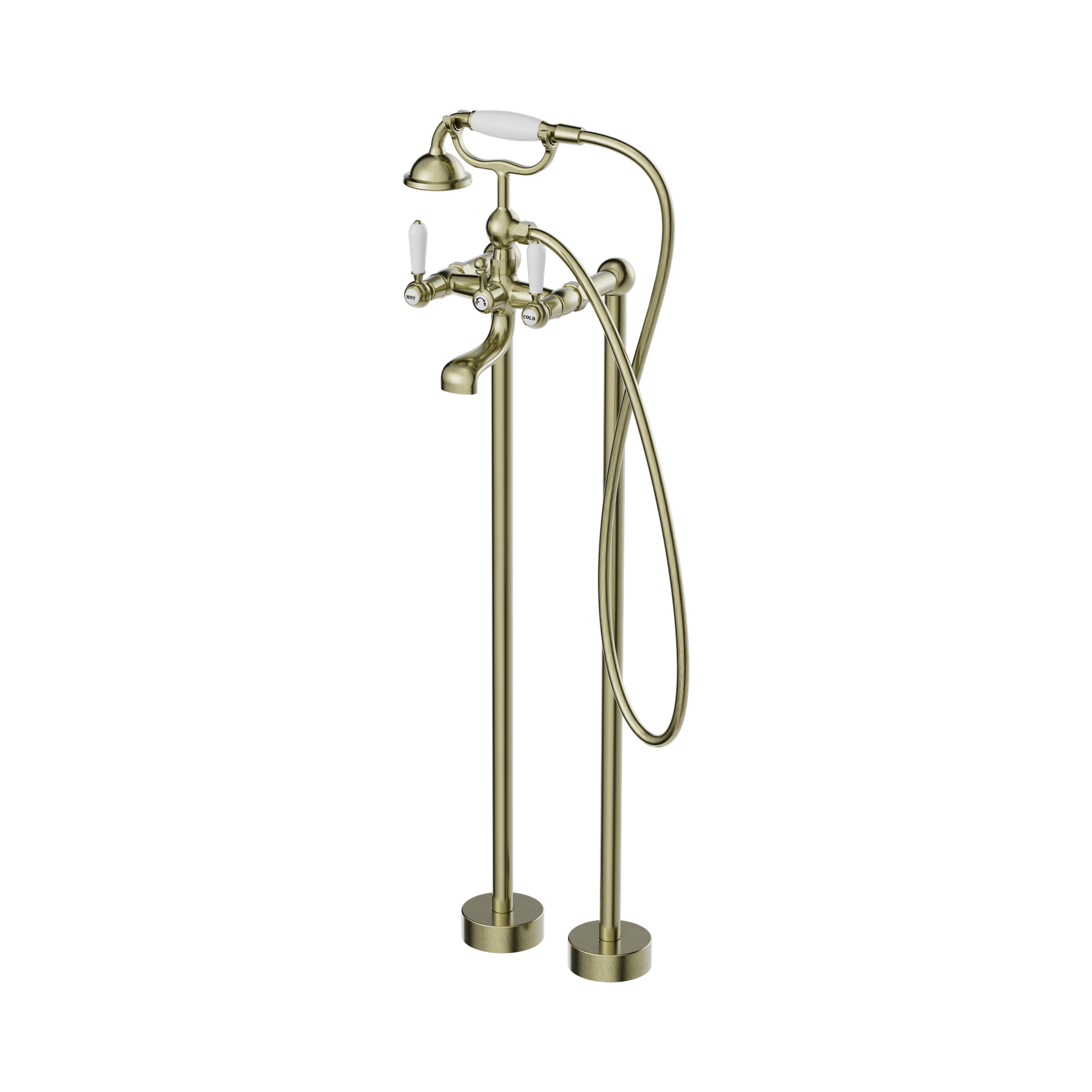 Nero York Freestanding Bath Set With White Porcelain Hand Shower Aged Brass