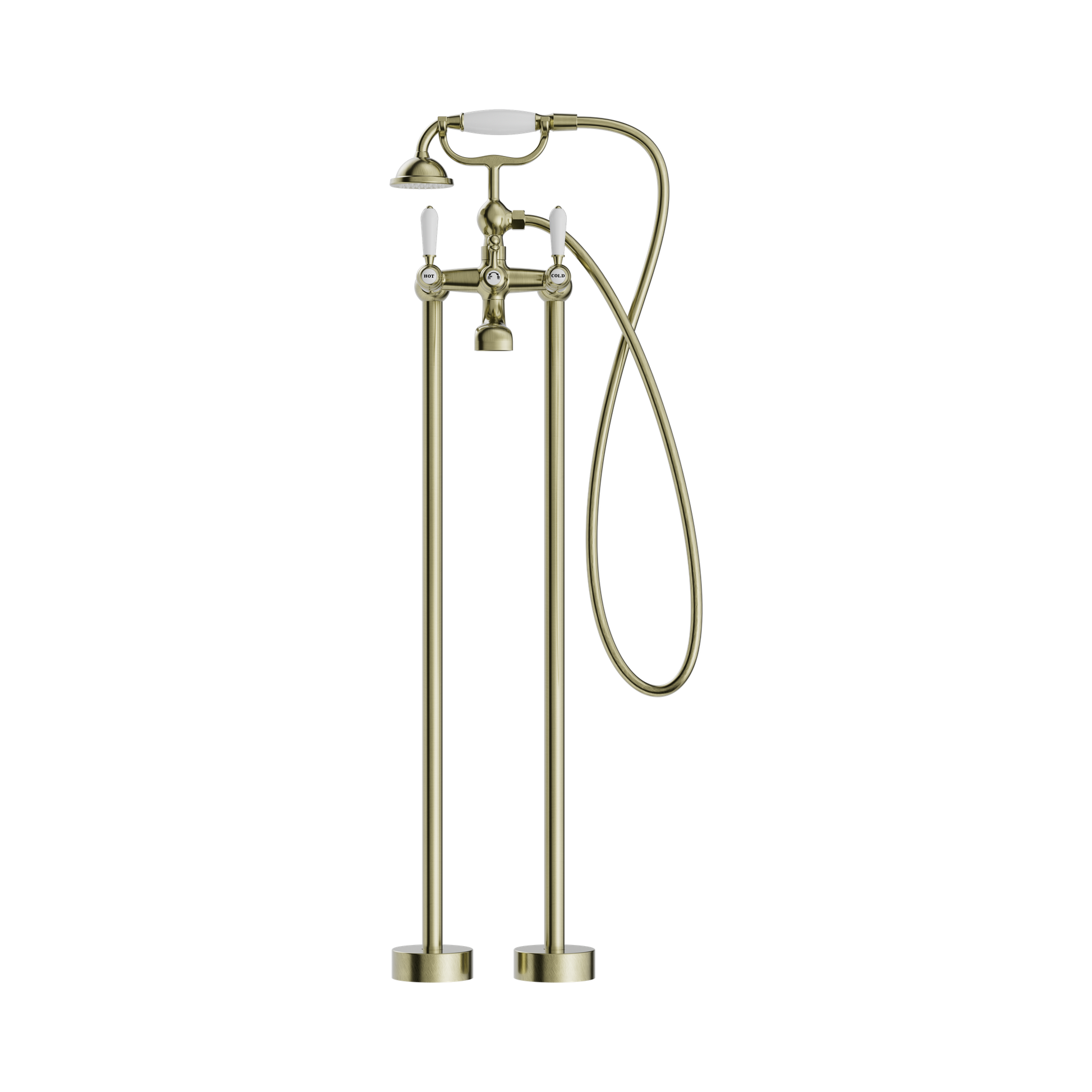 Nero York Freestanding Bath Set With White Porcelain Hand Shower Aged Brass