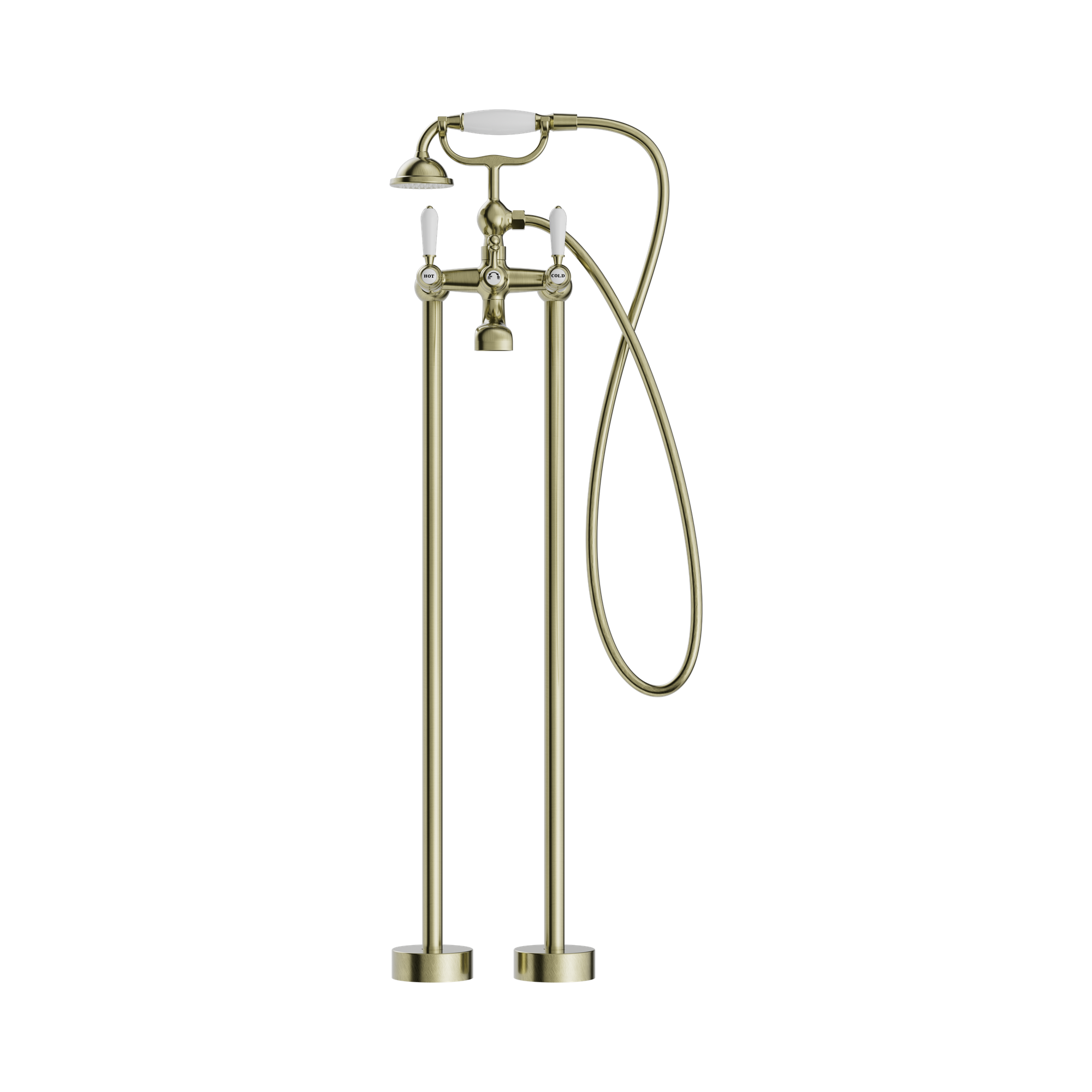 Nero York Freestanding Bath Set With White Porcelain Hand Shower Aged Brass