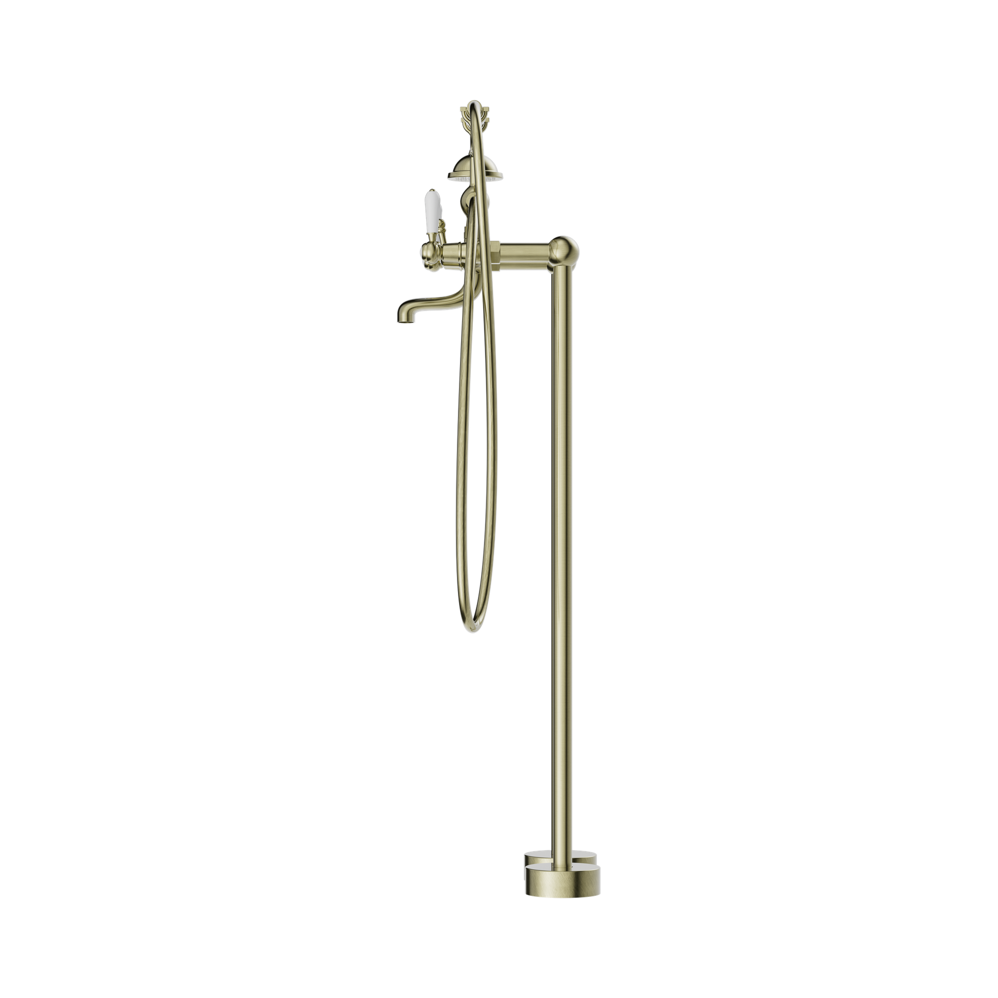 Nero York Freestanding Bath Set With White Porcelain Hand Shower Aged Brass