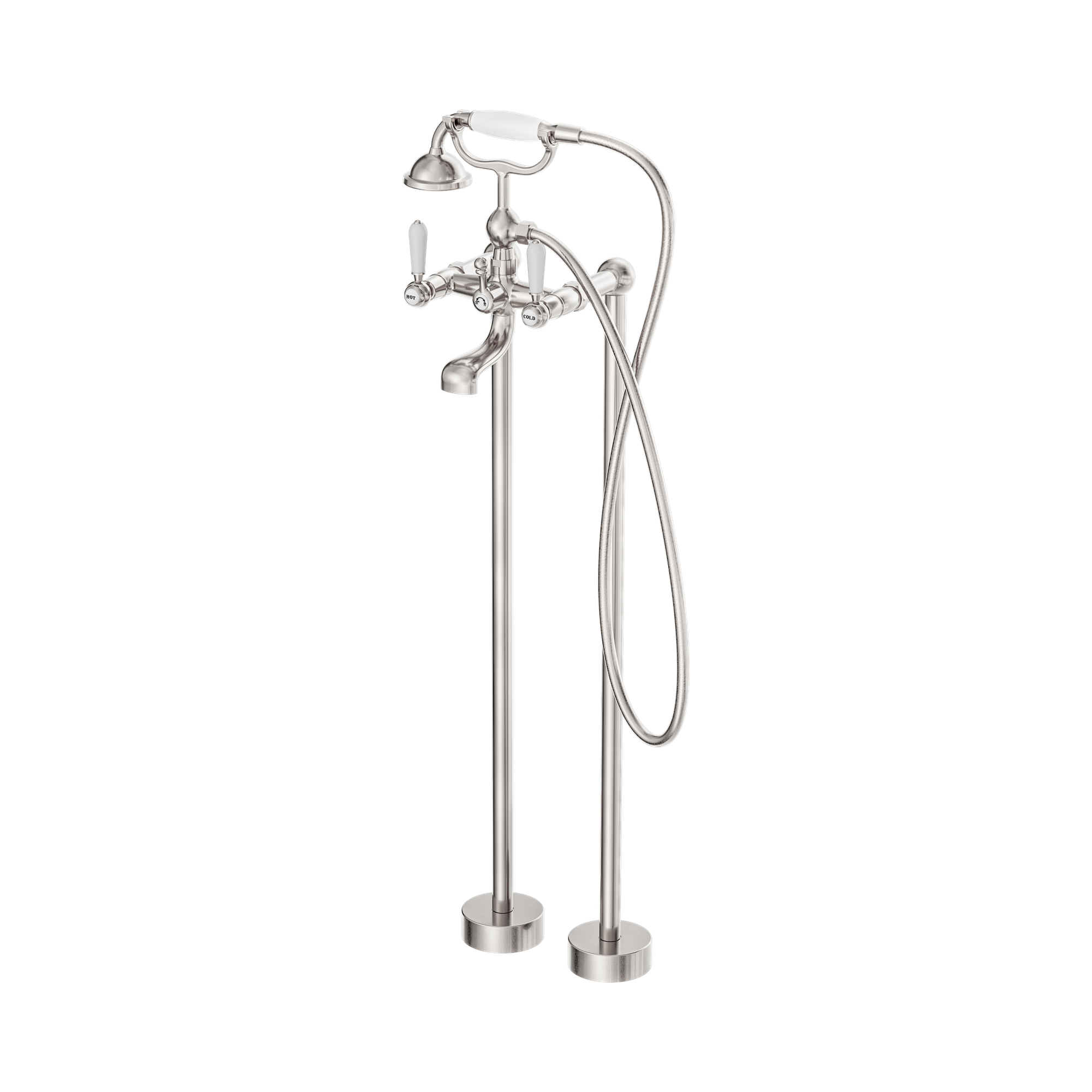Nero York Freestanding Bath Set With White Porcelain Hand Shower, Brushed Nickel