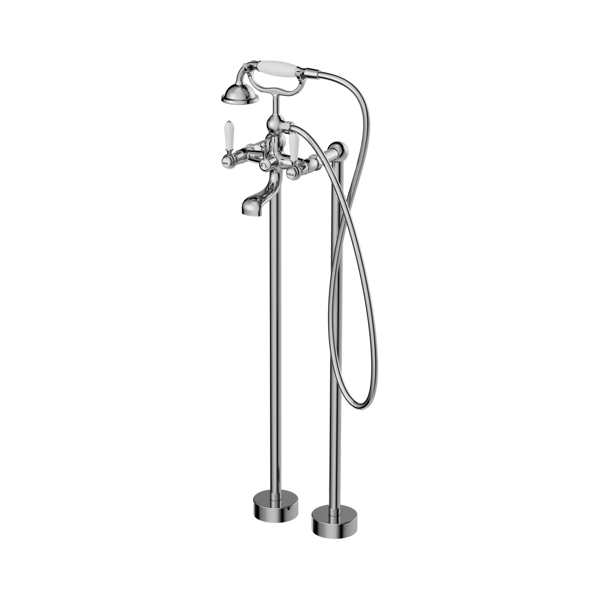 Nero York Freestanding Bath Set With White Porcelain Hand Shower, Chrome