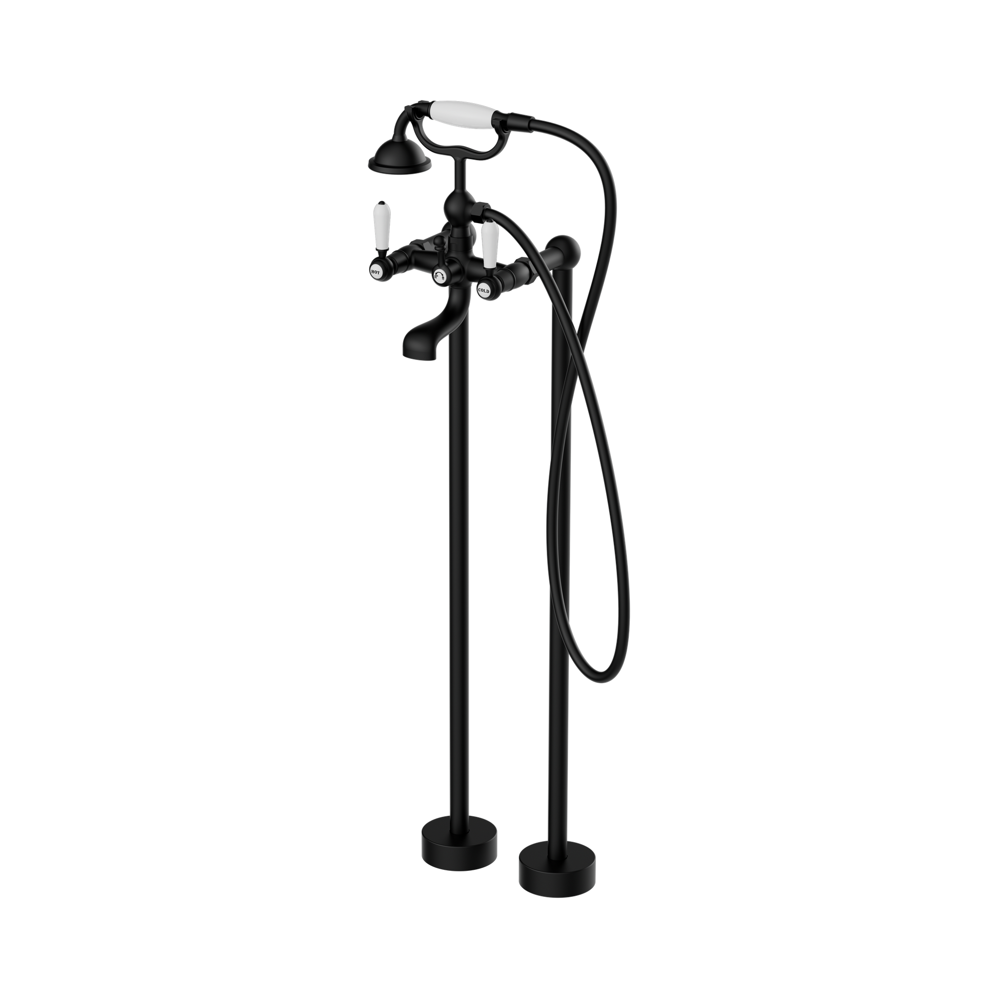 Nero York Freestanding Bath Set With White Porcelain Hand Shower, Matte Black