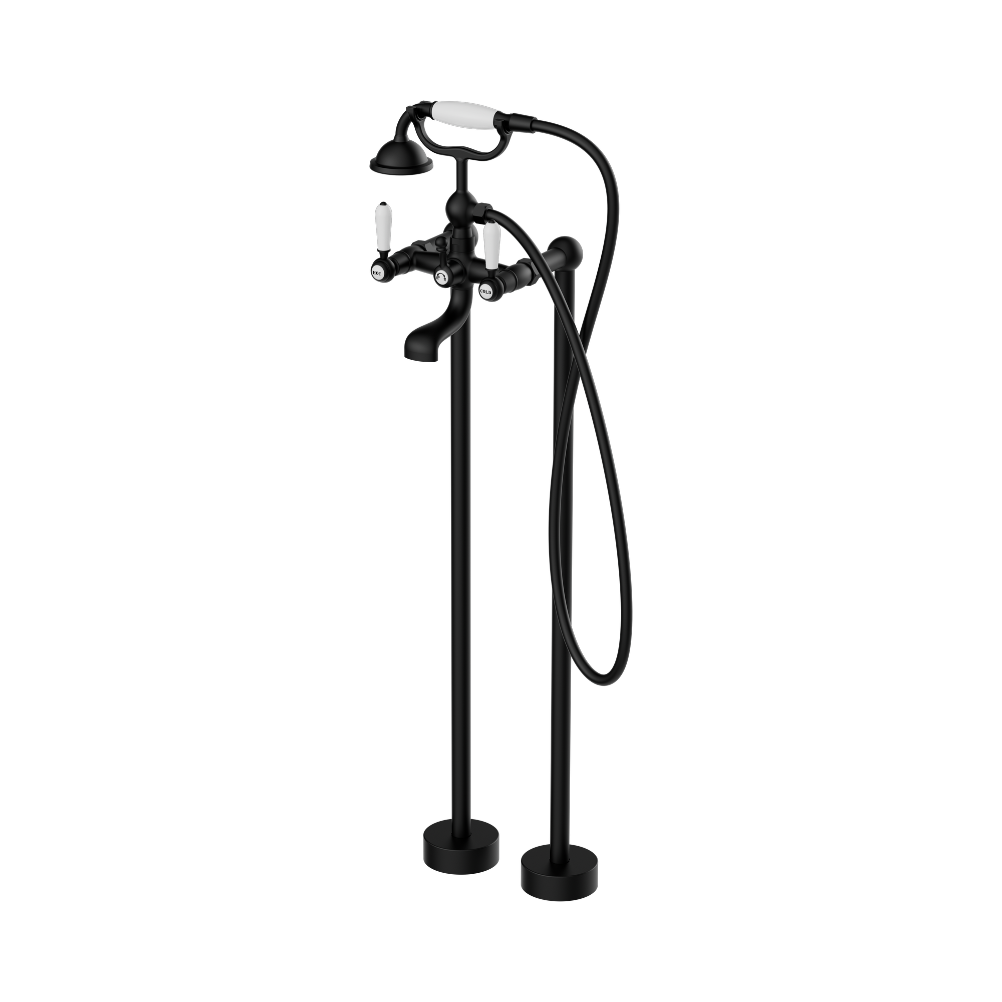 Nero York Freestanding Bath Set With White Porcelain Hand Shower, Matte Black