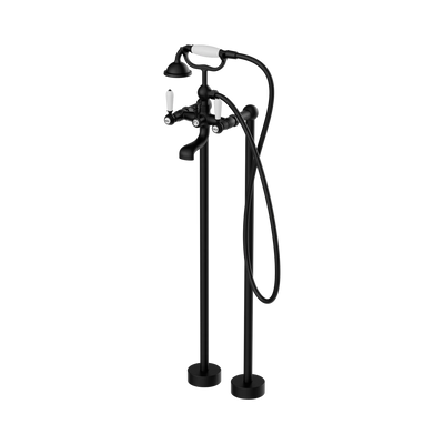 Nero York Freestanding Bath Set With White Porcelain Hand Shower, Matte Black