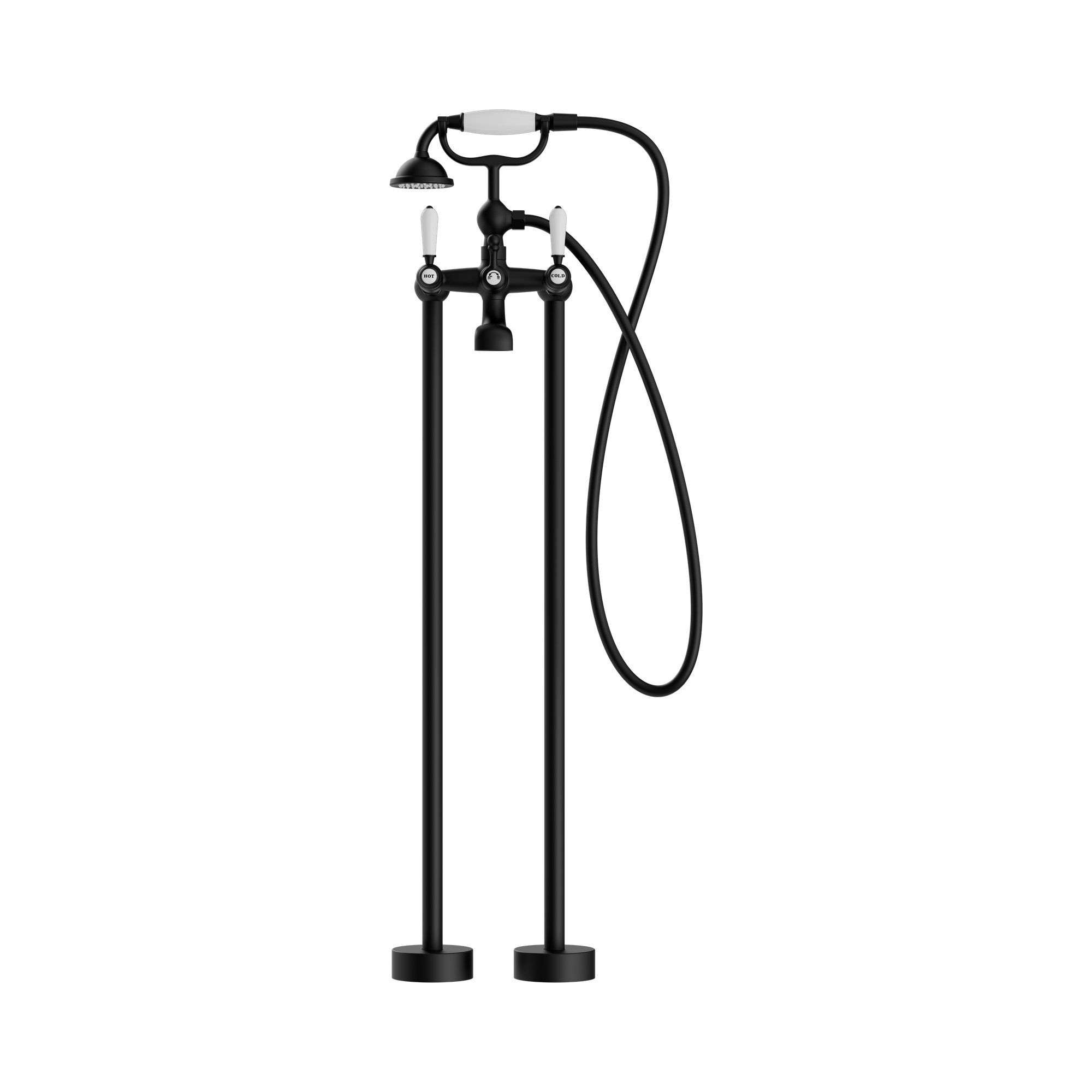 Nero York Freestanding Bath Set With White Porcelain Hand Shower, Matte Black