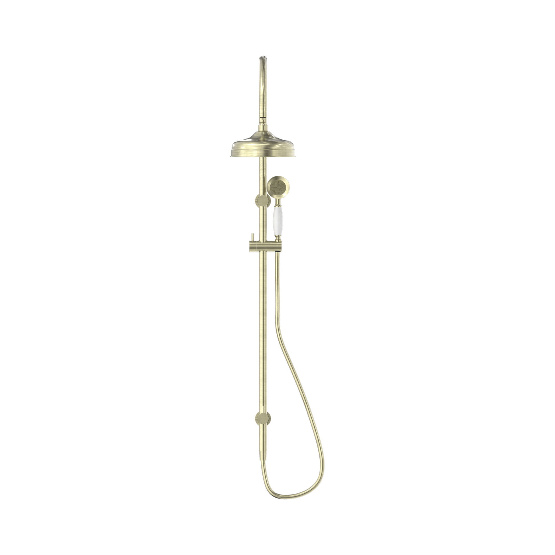 Nero York Twin Shower With White Porcelain Hand Shower Aged Brass